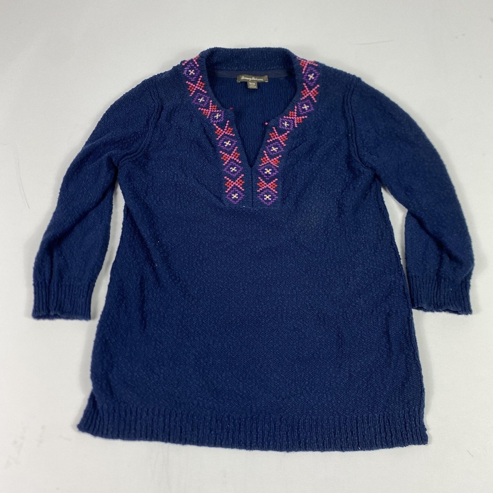 Tommy Bahama Sweater Dress Womens Medium Navy Blue Embroidered Tunic Pullover